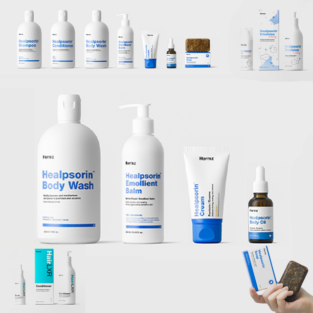 Full range of Hermz Healpsorin shampoos, balms and creams