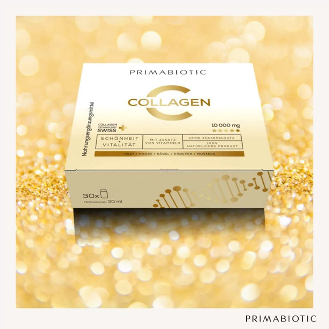 Primabiotic Collagen box on a gold glitter background