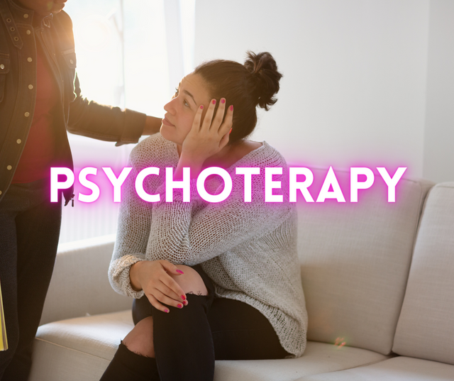 Woman on a sofa being comforted during a therapy session, with the word PSYCHOTHERAPY