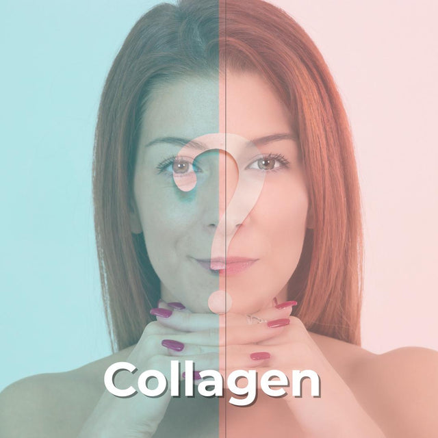 Split portrait of a woman in cool and warm tones with the word Collagen