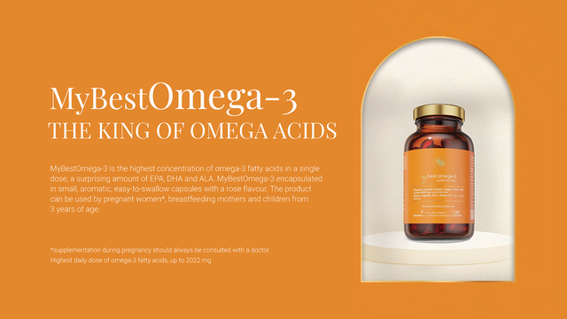 MyBestOmega-3 bottle on an orange background with product description