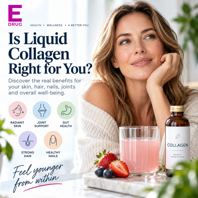 E-Drug graphic asking Is Liquid Collagen Right for You beside a woman with a collagen drink