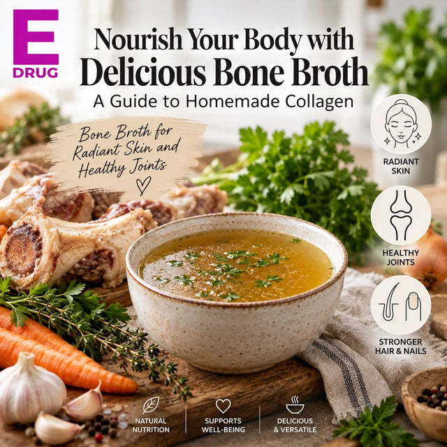 E-Drug graphic reading Nourish Your Body with Delicious Bone Broth beside a bowl of broth