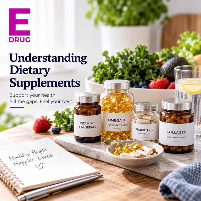 E-Drug graphic reading Understanding Dietary Supplements beside supplement jars and fresh food