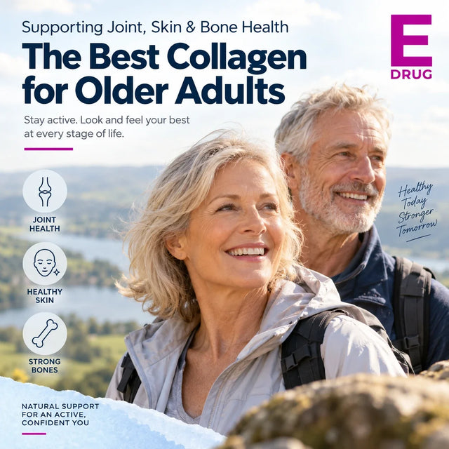 E-Drug graphic reading The Best Collagen for Older Adults beside an older couple hiking