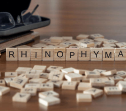 Wooden letter tiles spelling RHINOPHYMA on a desk