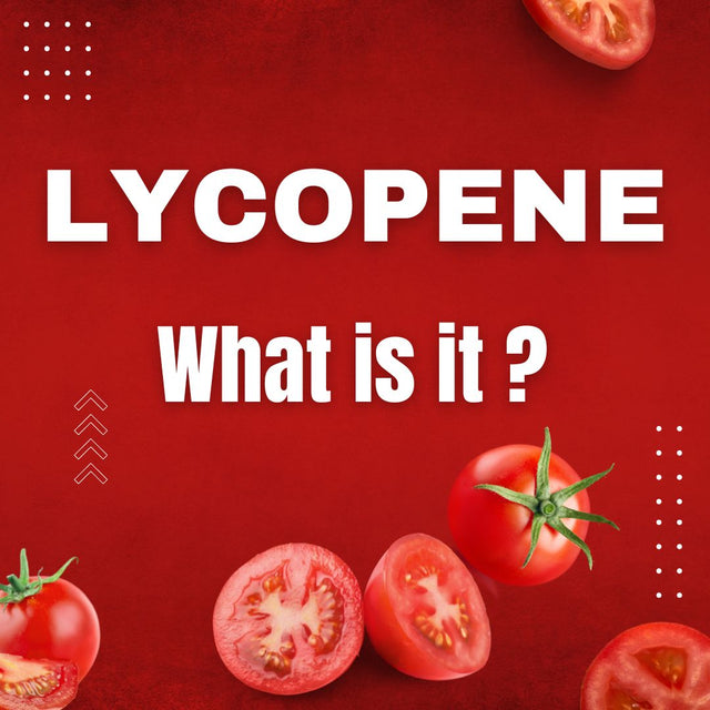 Red graphic reading Lycopene, What is it, with fresh tomatoes