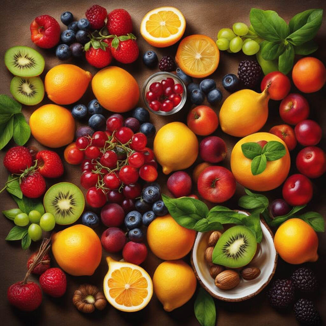 Overhead spread of citrus fruit, berries, grapes and nuts