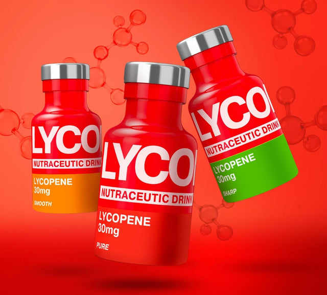 Three bottles of Lyco lycopene nutraceutic drink on a red background