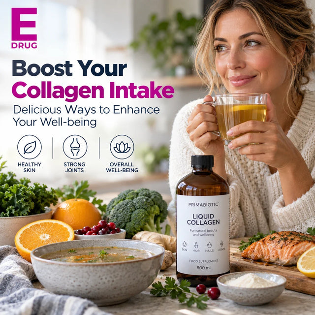 E-Drug graphic reading Boost Your Collagen Intake with a Primabiotic Liquid Collagen bottle and fresh food