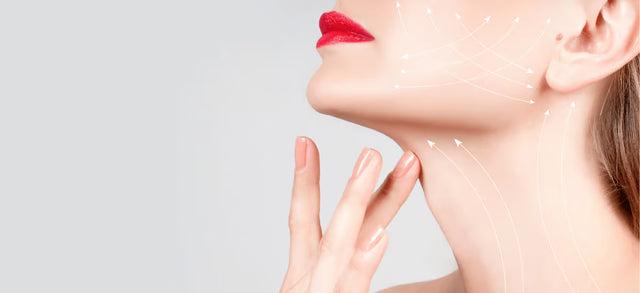 Woman's jawline with arrows indicating a lifting effect