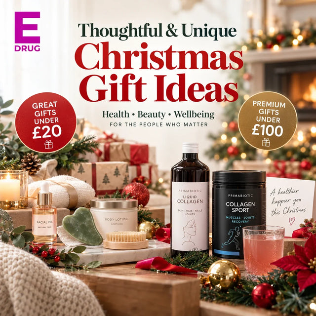 E-Drug Christmas gift guide graphic with Primabiotic collagen products and festive decorations