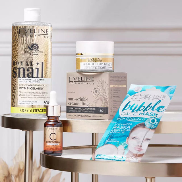 Eveline Cosmetics Royal Snail, Gold Lift Expert and Bubble Face Mask products on a display stand