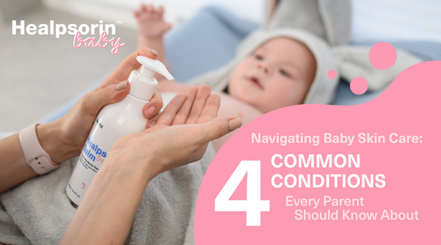 Parent applying Healpsorin Baby lotion to a baby after a bath