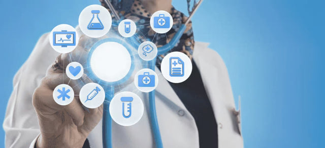 Doctor in a white coat touching a ring of medical icons