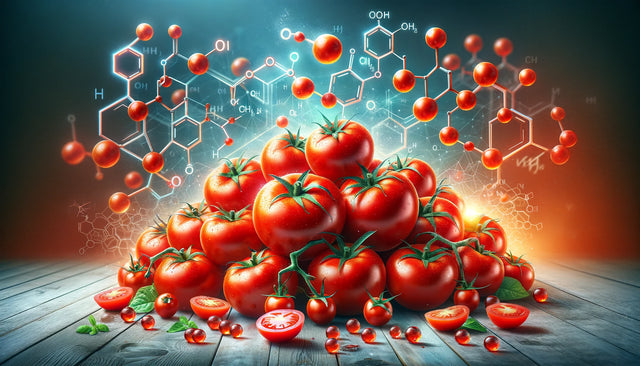Pile of tomatoes with a lycopene molecular structure illustration