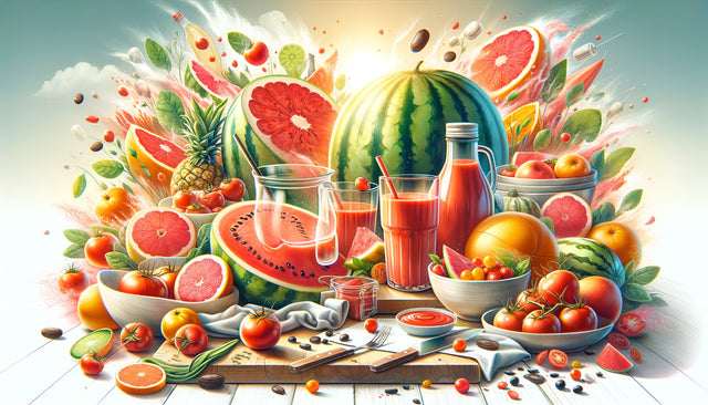 Illustration of watermelon, grapefruit, tomatoes and juices in an antioxidant spread