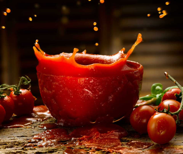 Tomato juice splashing out of a hollowed tomato beside fresh tomatoes