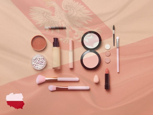 Make-up products arranged on a Polish flag background