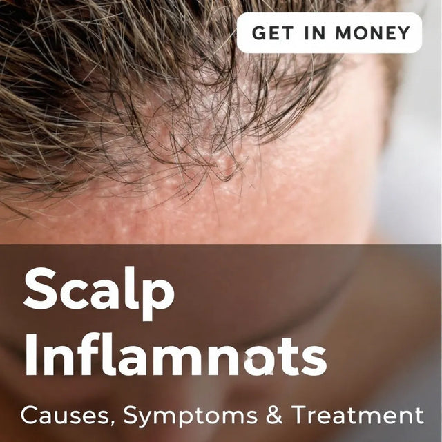 Graphic reading Scalp Inflammation, Causes, Symptoms and Treatment over a close-up of a scalp