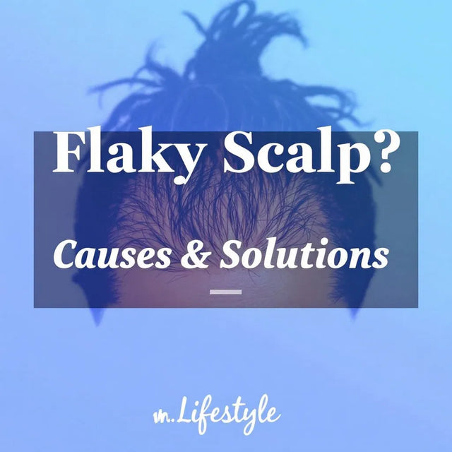 Graphic reading Flaky Scalp, Causes and Solutions over a blue background