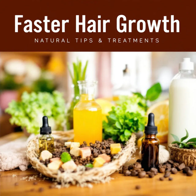 Graphic reading Faster Hair Growth, Natural Tips and Treatments above hair oils and herbs