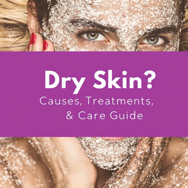 Graphic reading Dry Skin, Causes, Treatments and Care Guide over a woman covered in salt