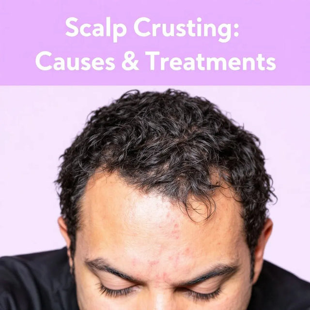 Graphic reading Scalp Crusting, Causes and Treatments beside a man with a spotty forehead