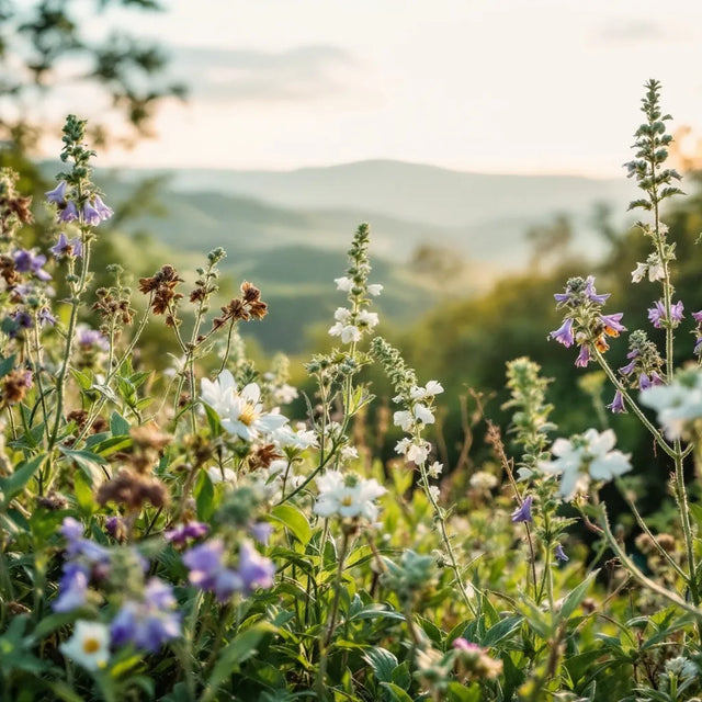 Wild flowering herbs in a meadow with hills behind