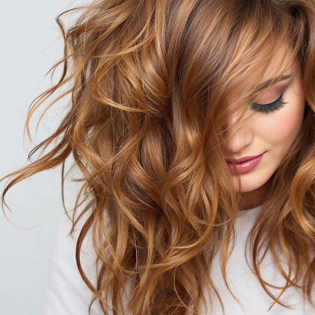 Woman with long wavy auburn hair against a white background