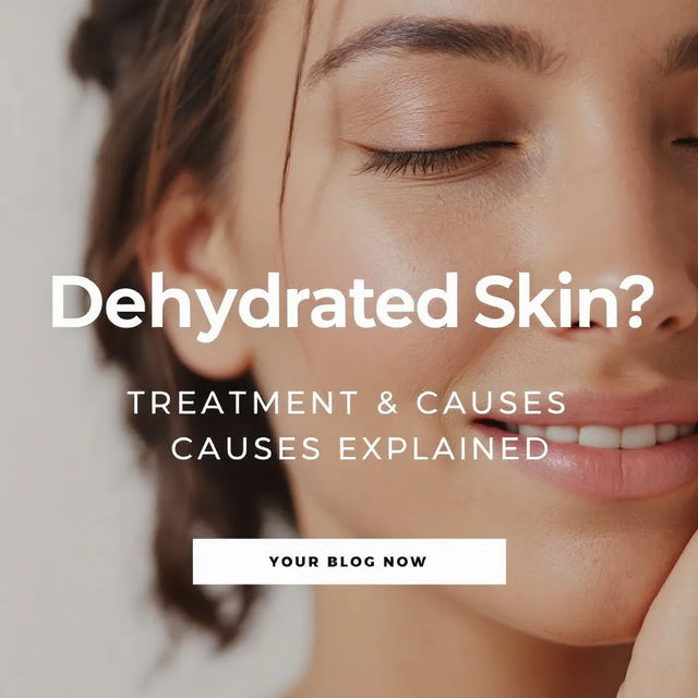 Graphic reading Dehydrated Skin, Treatment and Causes Explained over a woman's face