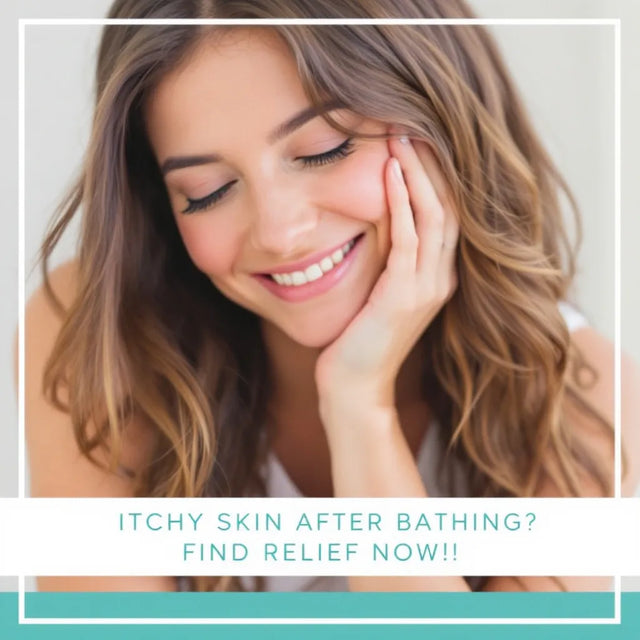 Graphic reading Itchy Skin After Bathing beside a smiling woman touching her face