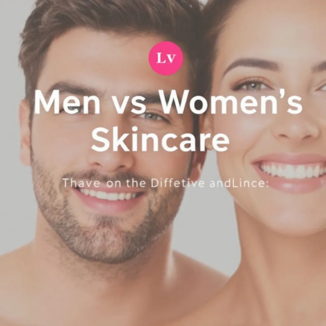 Graphic comparing men's and women's skincare beside a man and a woman
