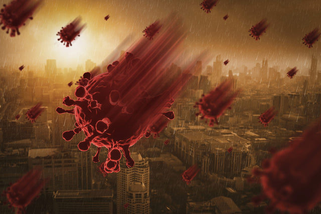 Illustration of a virus particle over a city skyline