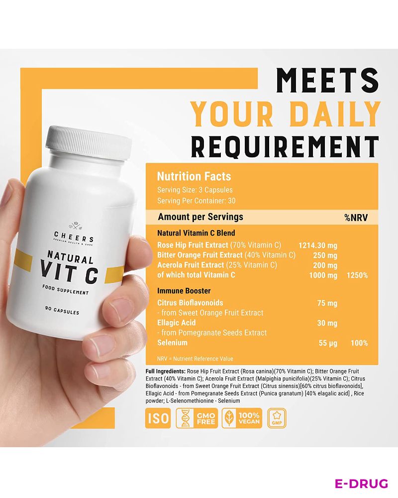 Vitamin C High Dose 1000 mg 90 Capsules Acerola Extract Natural - E-Drug